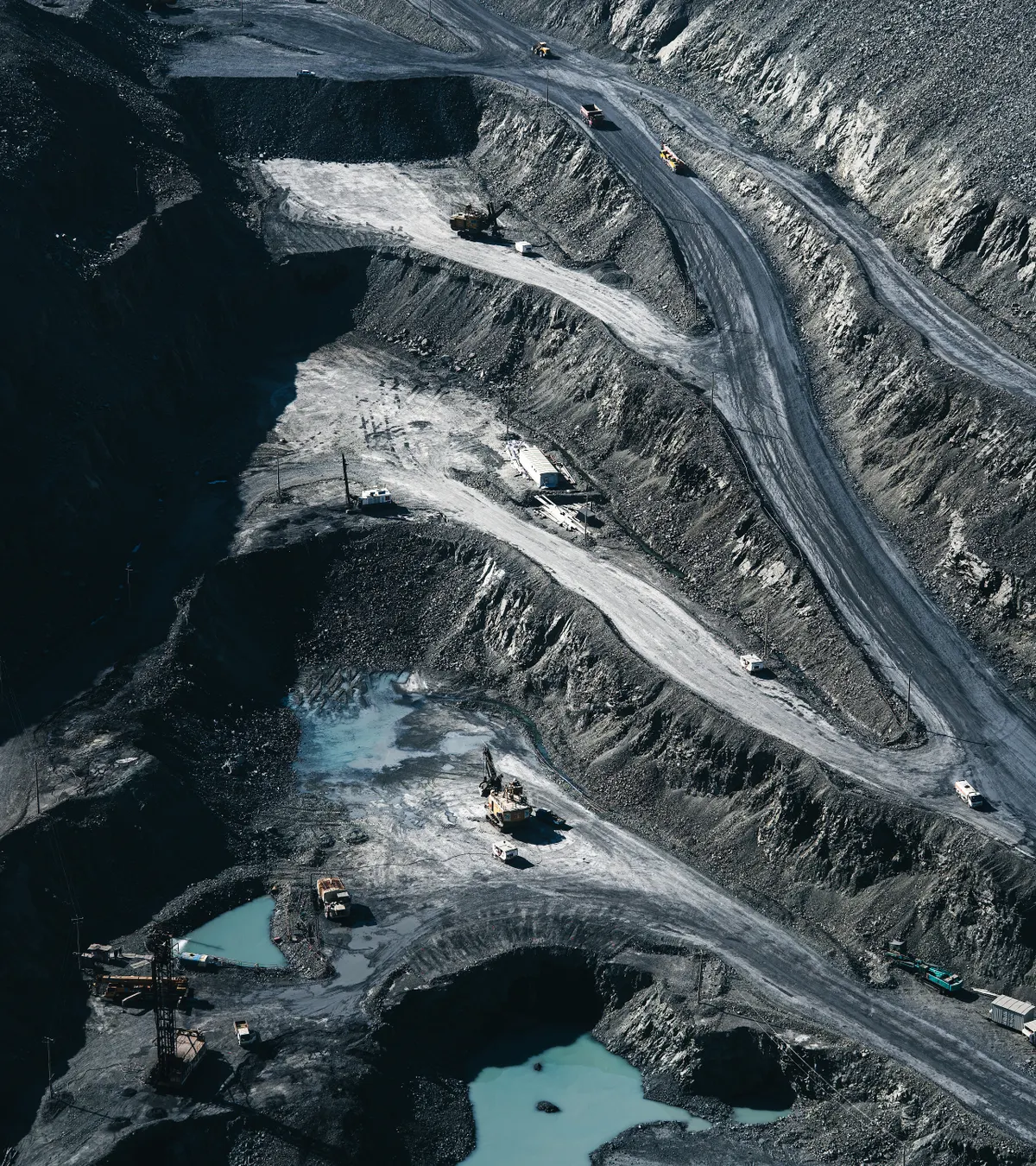 An aerial view of a large open-pit mining operation